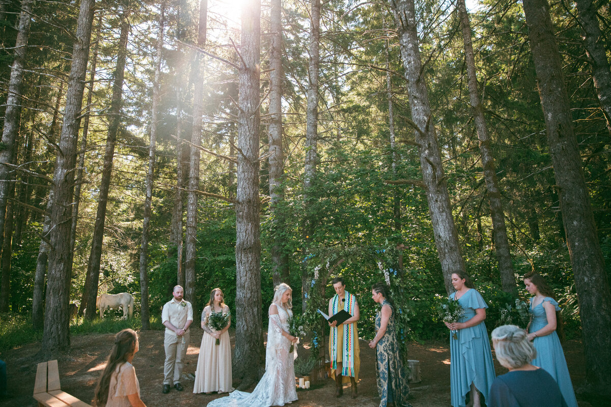 Couple standing at the alter with officiant and wedding party.