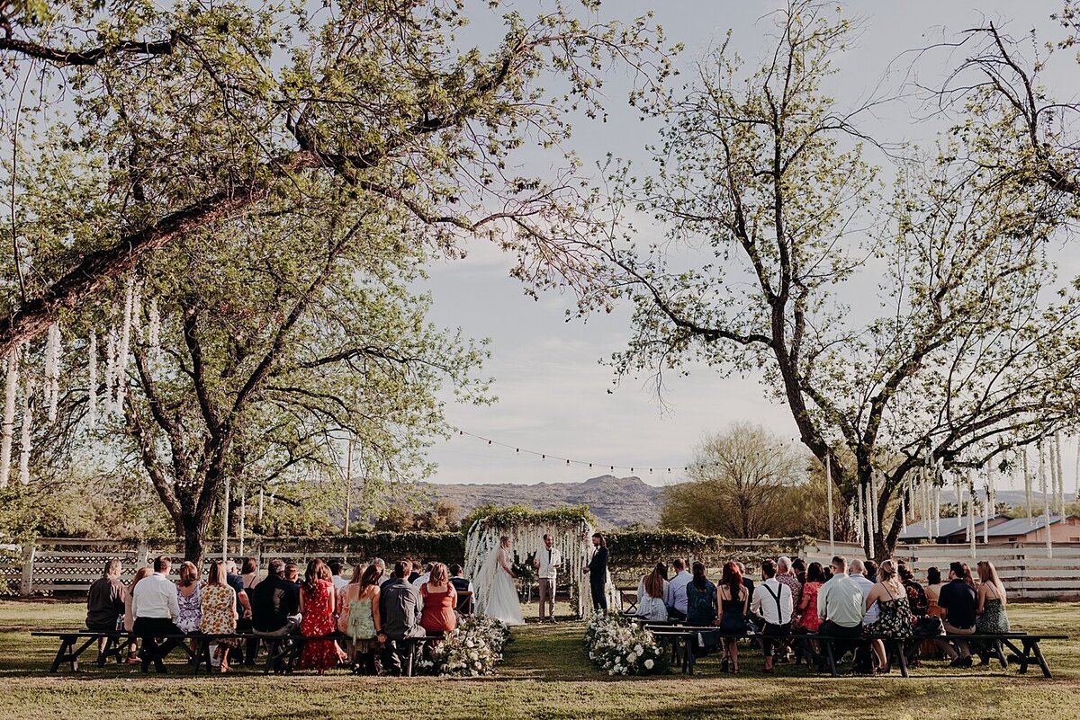 ceremony adorned with hanging flowers at the farm at south mountain