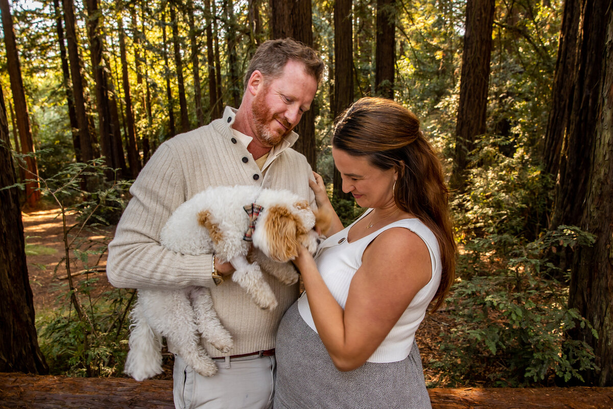 Pregnant couple looks on at their dog