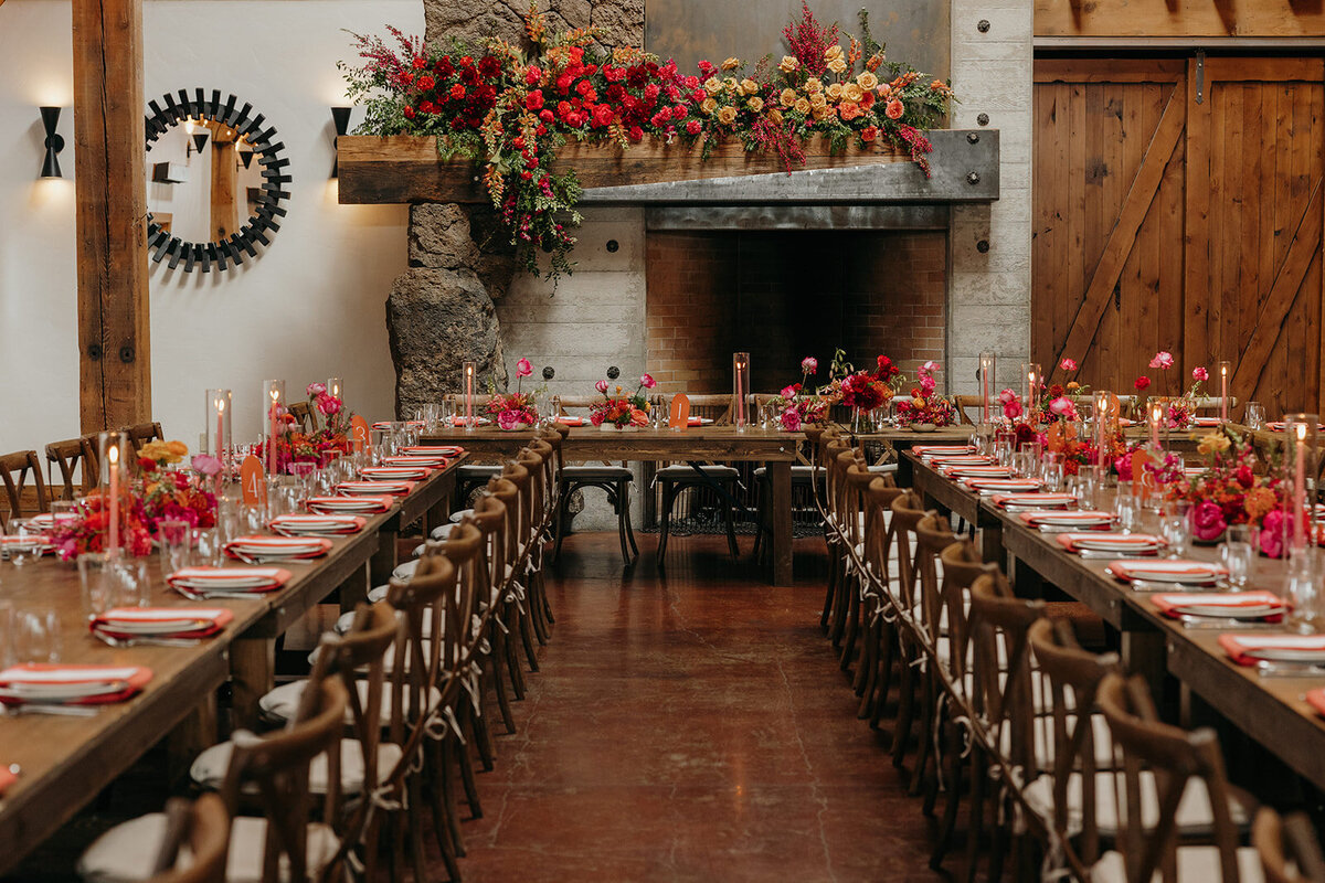 Fireplace floral installation with bold spring blooms at Brasada Ranch