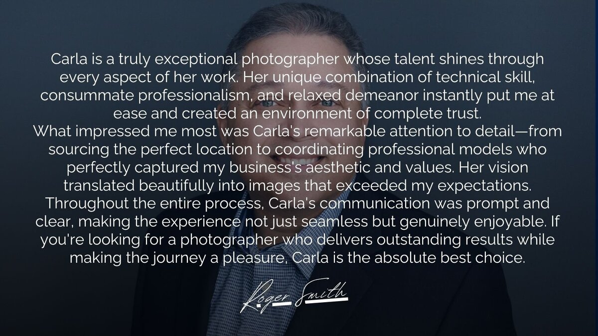 A testimonial image featuring a professional business headshot with text praising Carla Morgado Photographer for her work.