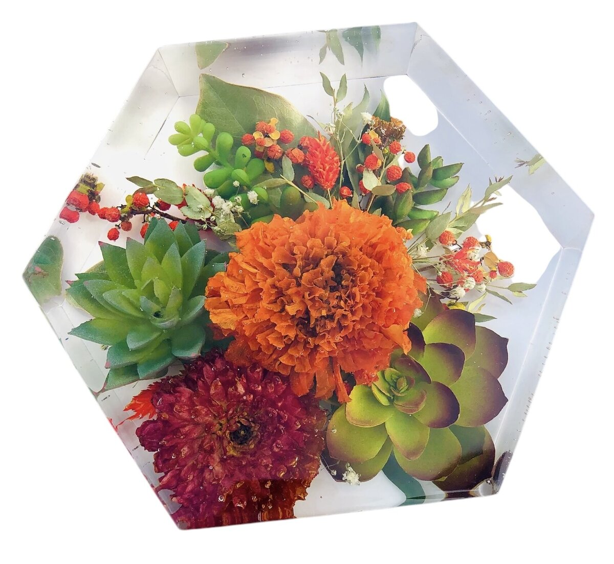 9” hexagon resin blocks with bright  orange and burgundy wedding flowers preserved as a family heirloom