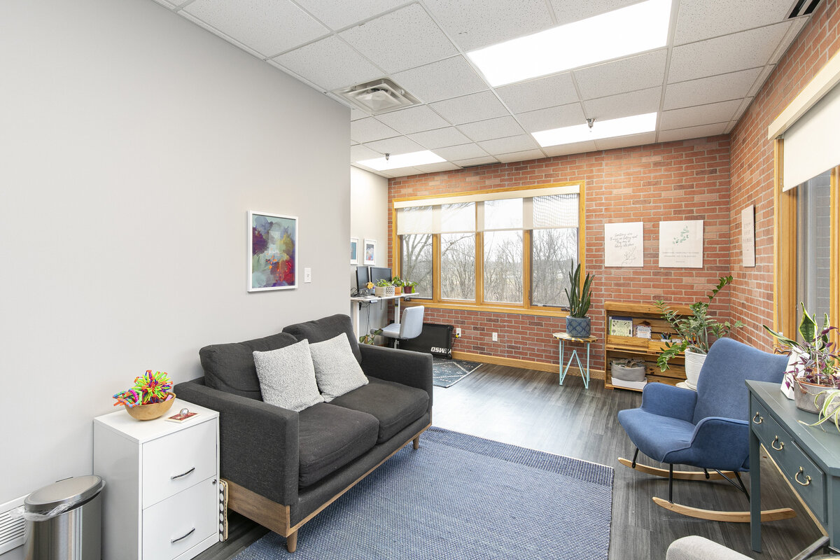 Modern therapy room with inviting chairs, large windows, and a calm, neutral color palette in Urbandale.