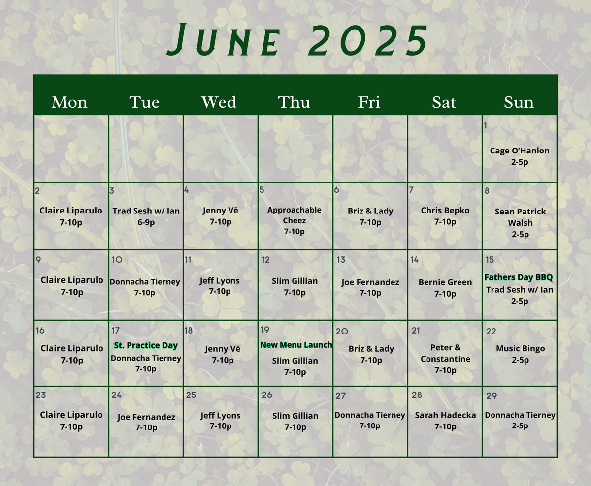 A calendar showing upcoming events and musicians for the month of June 2025
