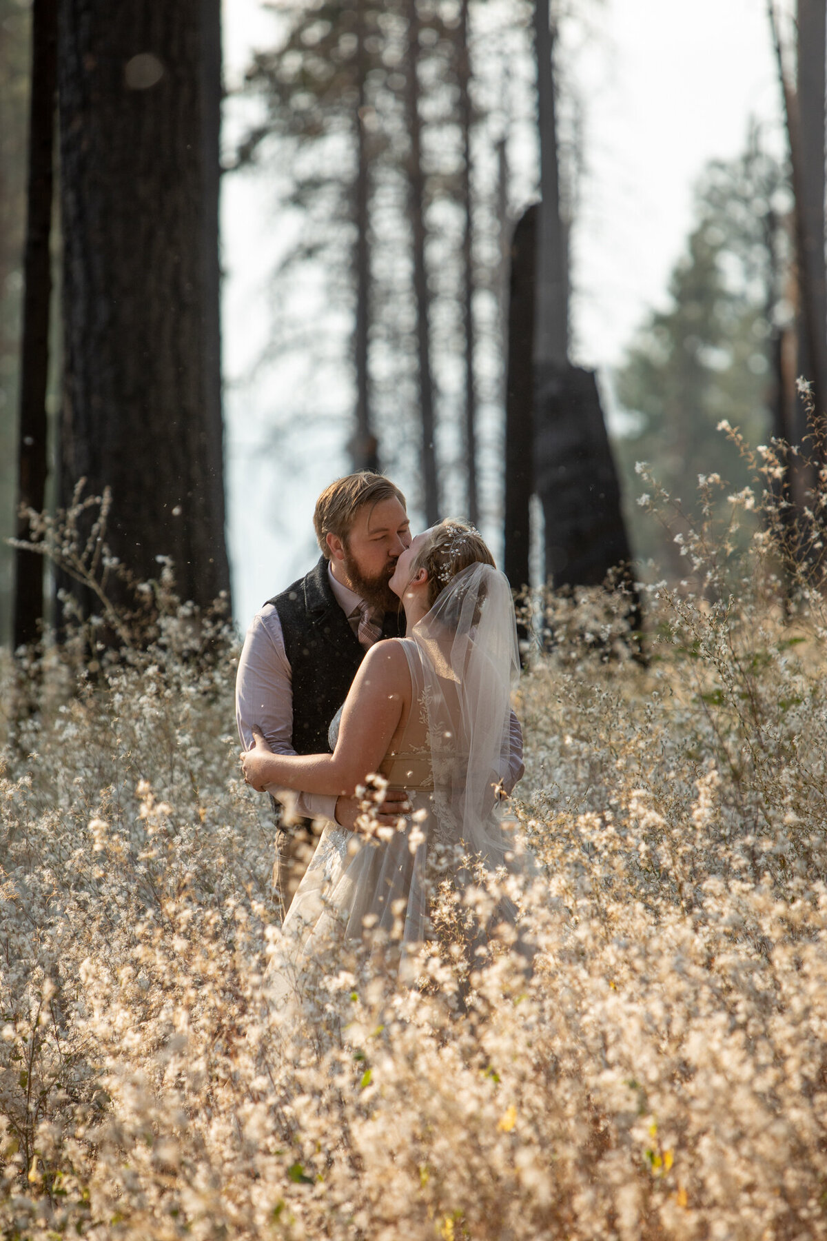 A bride and groom share a kiss while standing in a field of flowers.