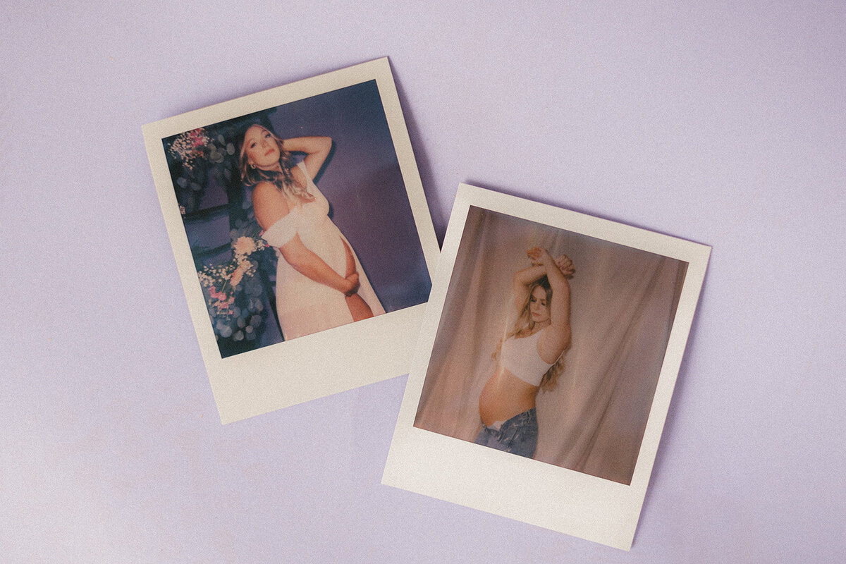 Two polaroids lay on a purple backdrop