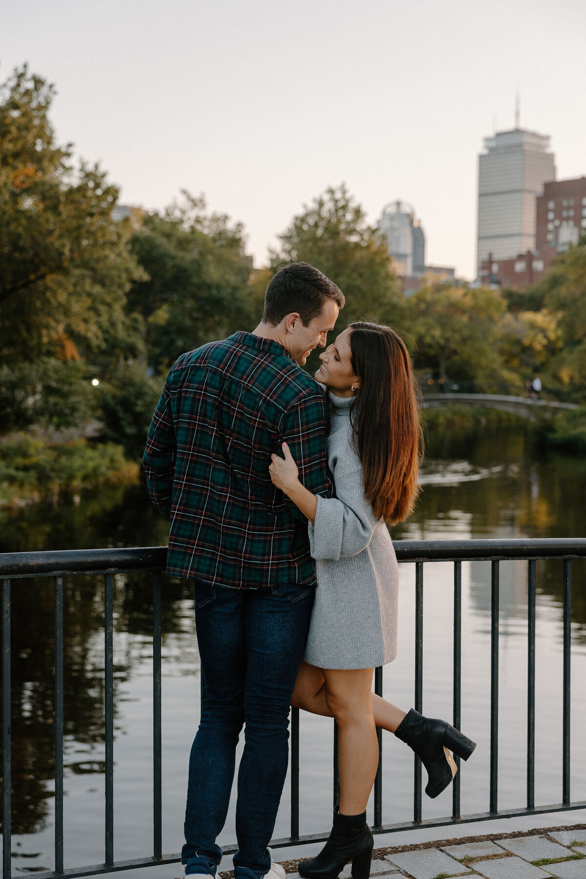 engaged couple on esplanade in boston