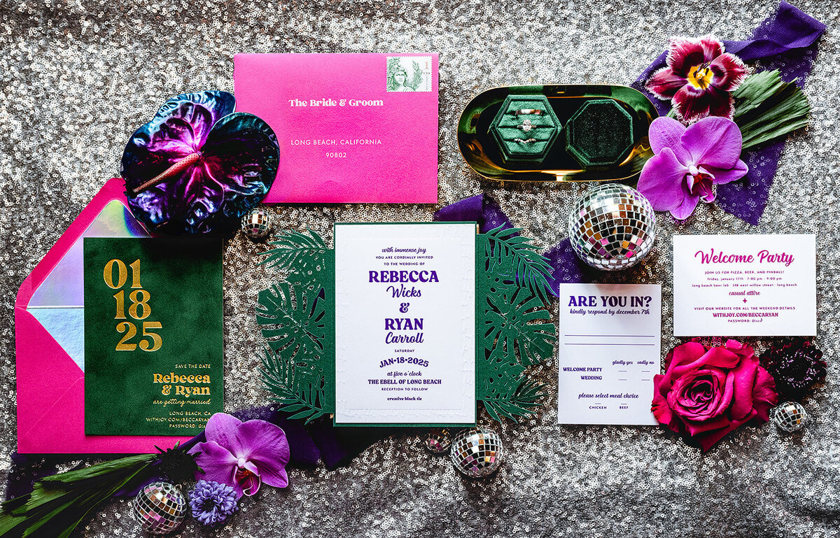 Unique wedding invitation design incorporating bold patterns disco balls and bright color
