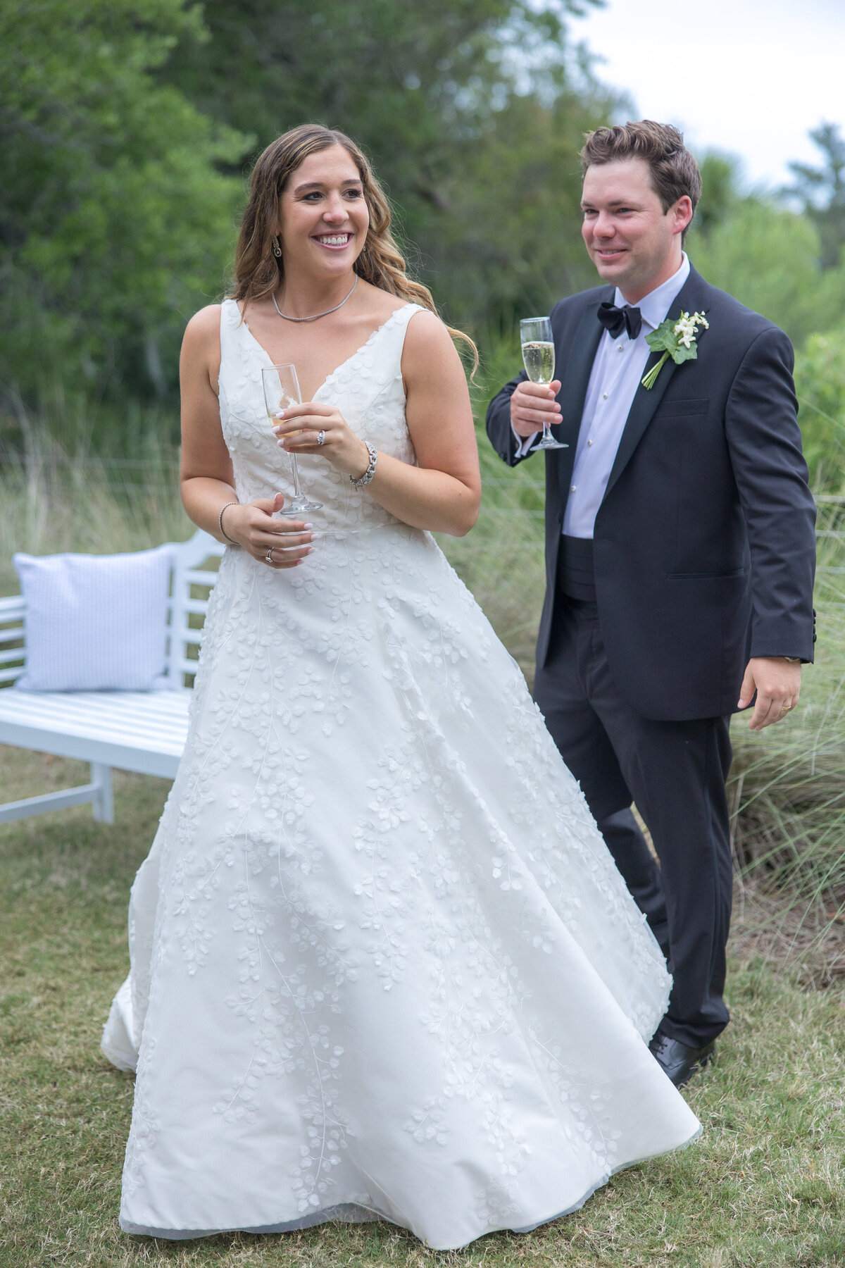 Bride and Groom drink Champagne at Forbes Farm St Simons