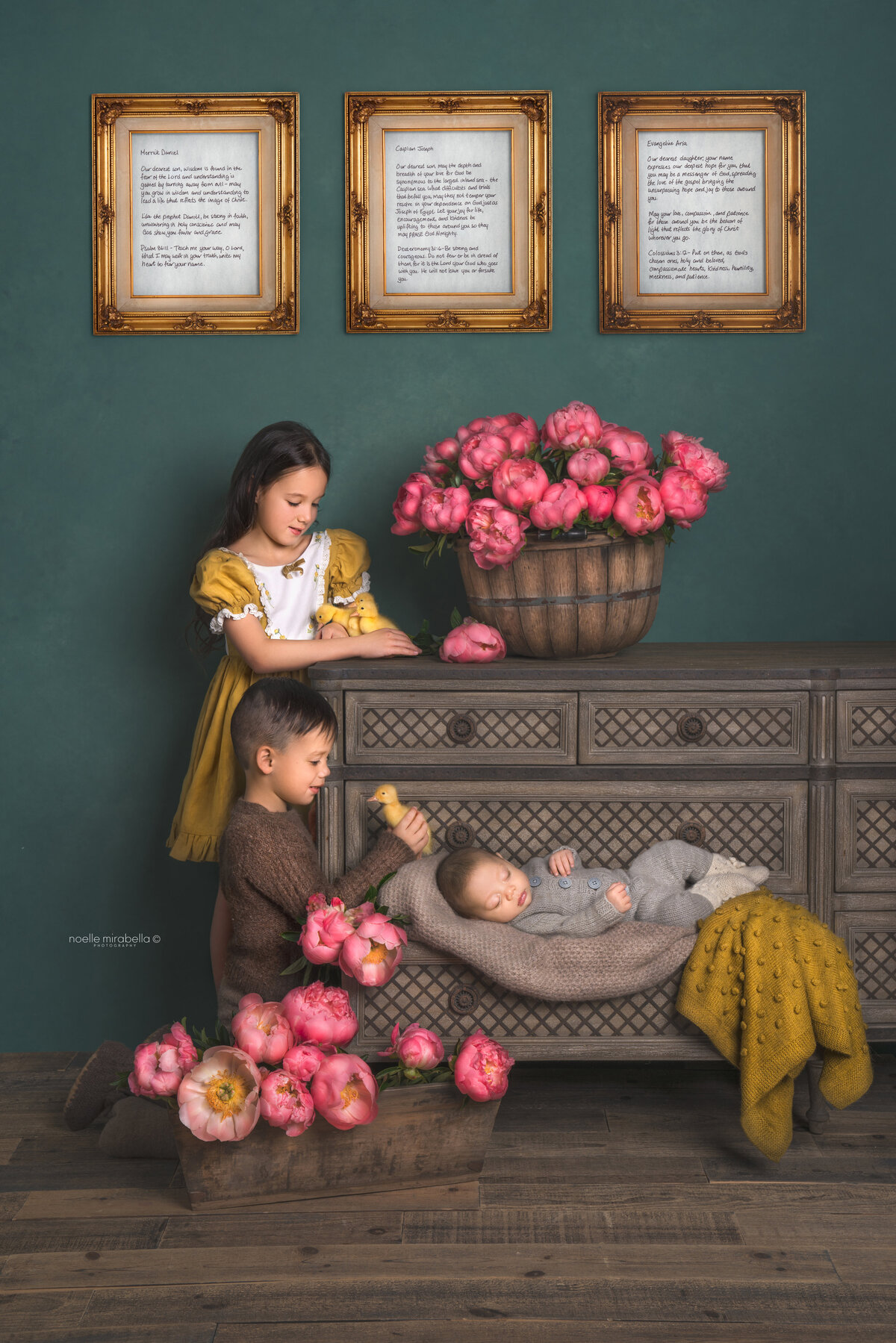 Child storytelling studio portrait. Pink peony flowers in wooden dresser.