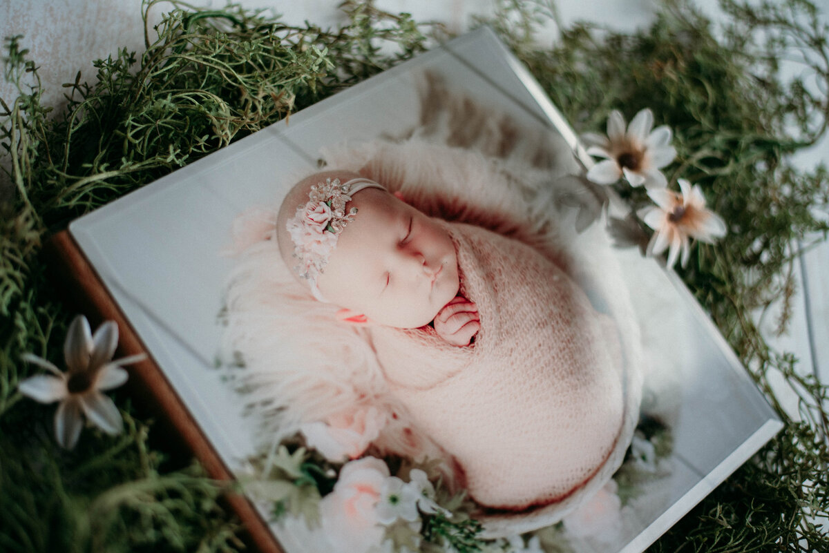 Acrylic cover photo album with picture of baby on front. Album is showcased in a bed of greenery.