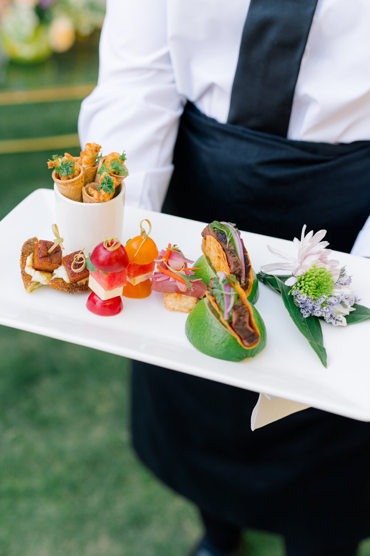 Colorful cocktail hour wedding food.