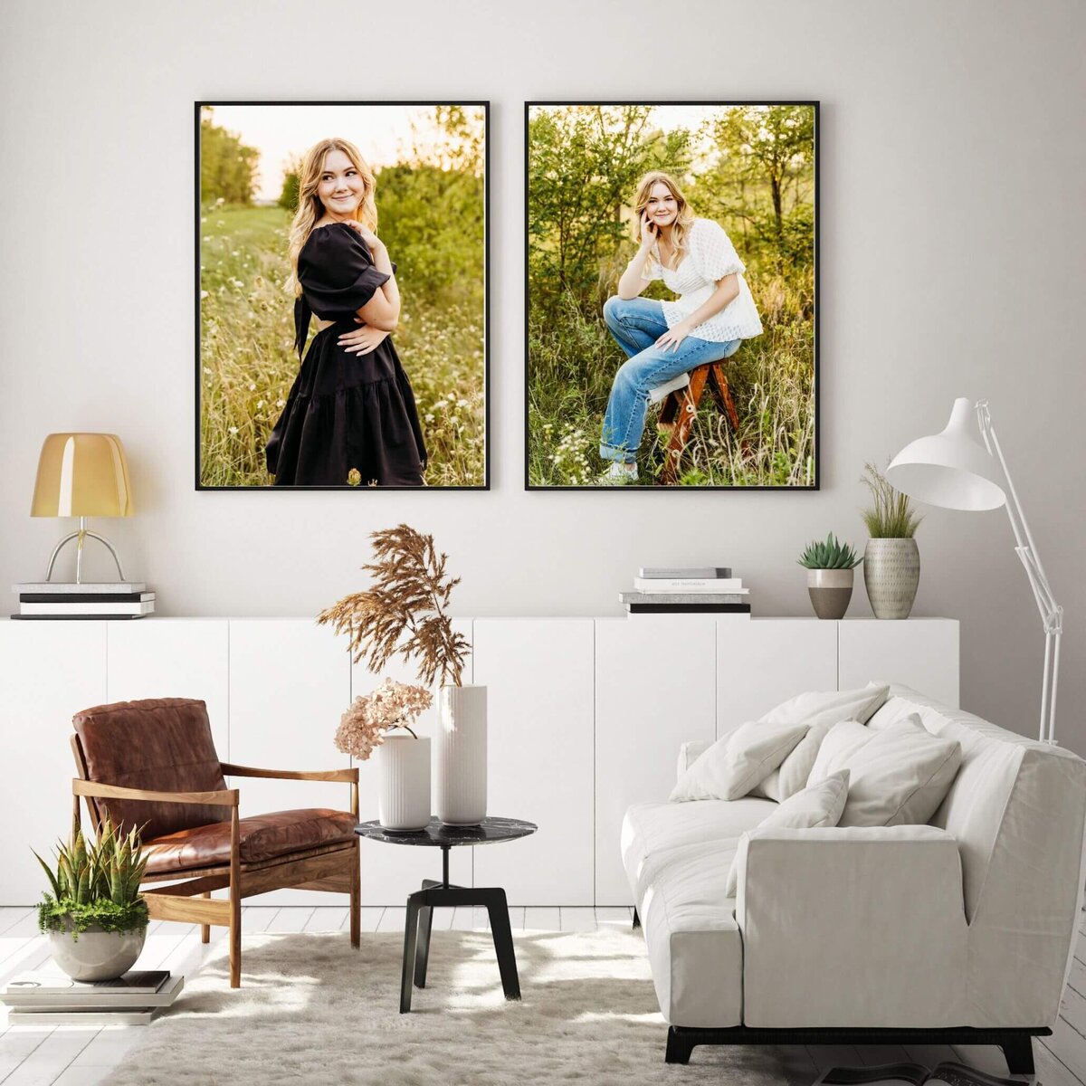 photo of two senior photos hanging together on a wall in a modern living room in Green Bay