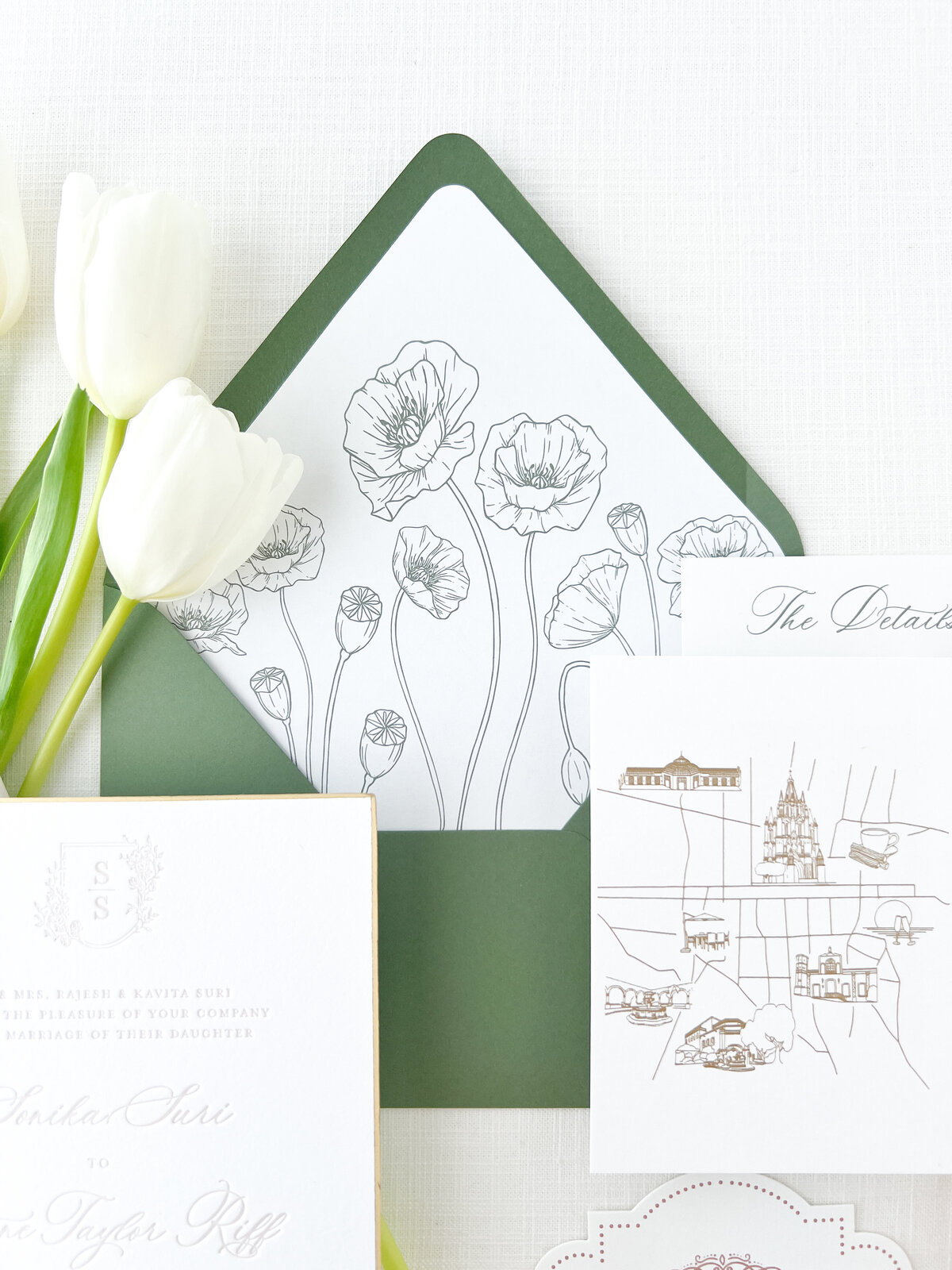 floral illustrations printed on an envelope liner
