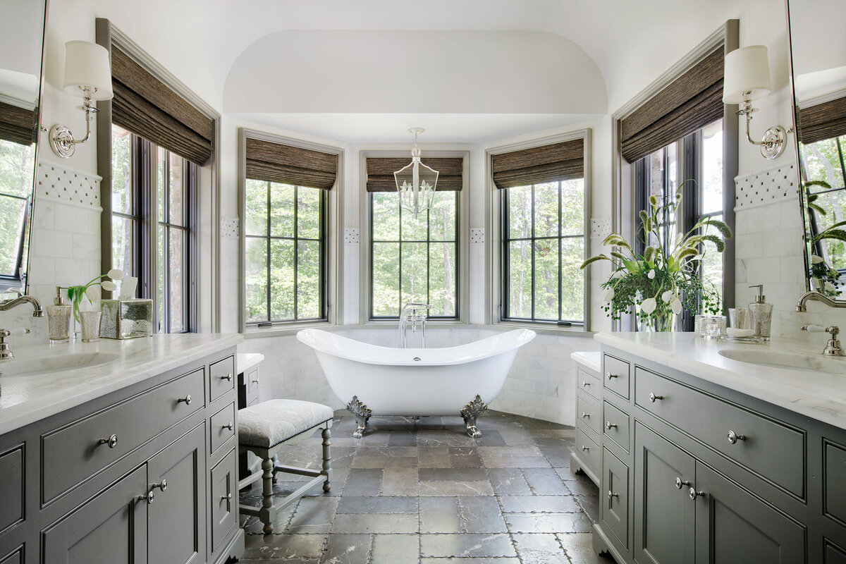 Panageries Residential Interior Design | Traditional Mountain Roost Master Bathroom with Plenty of Natural Light