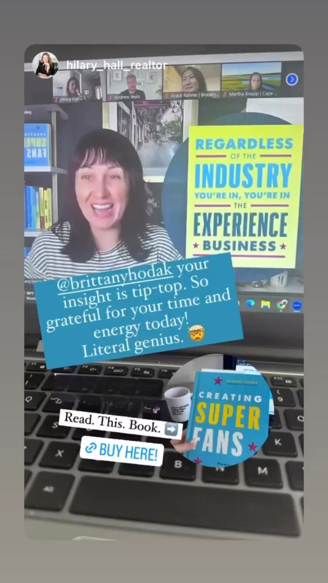 Instagram story testimonial thanking Brittany Hodak for her time and energy on virtual keynote.