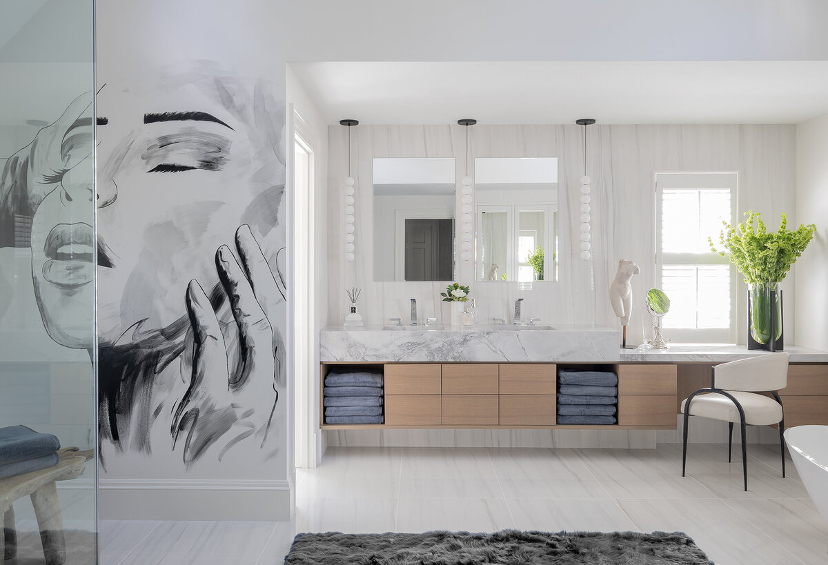 Luxury bathroom in Wellesley featuring a custom wall mural and elegant design details