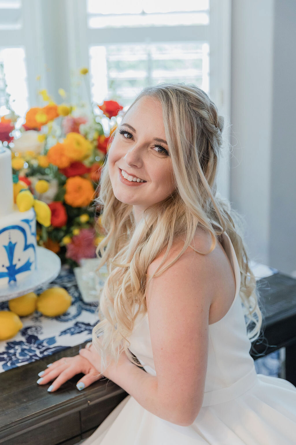 bride, cake flowers, citrus tones 