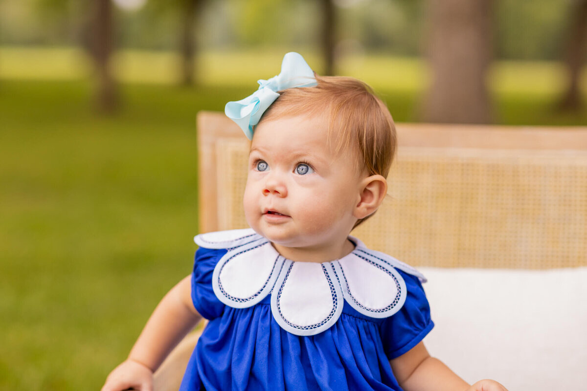 little girl in a blue dress sitting in a field of trees