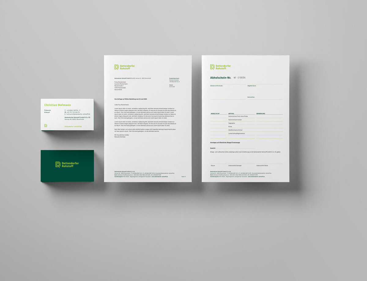 Geschäftsausstattung für Dettendorfer Rohstoff – Branding mit klarer Typografie und strukturierter Gestaltung.