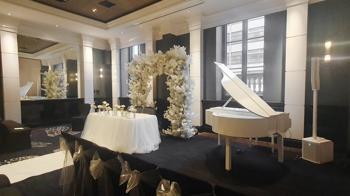 white baby grand piano wedding ceremony manchester