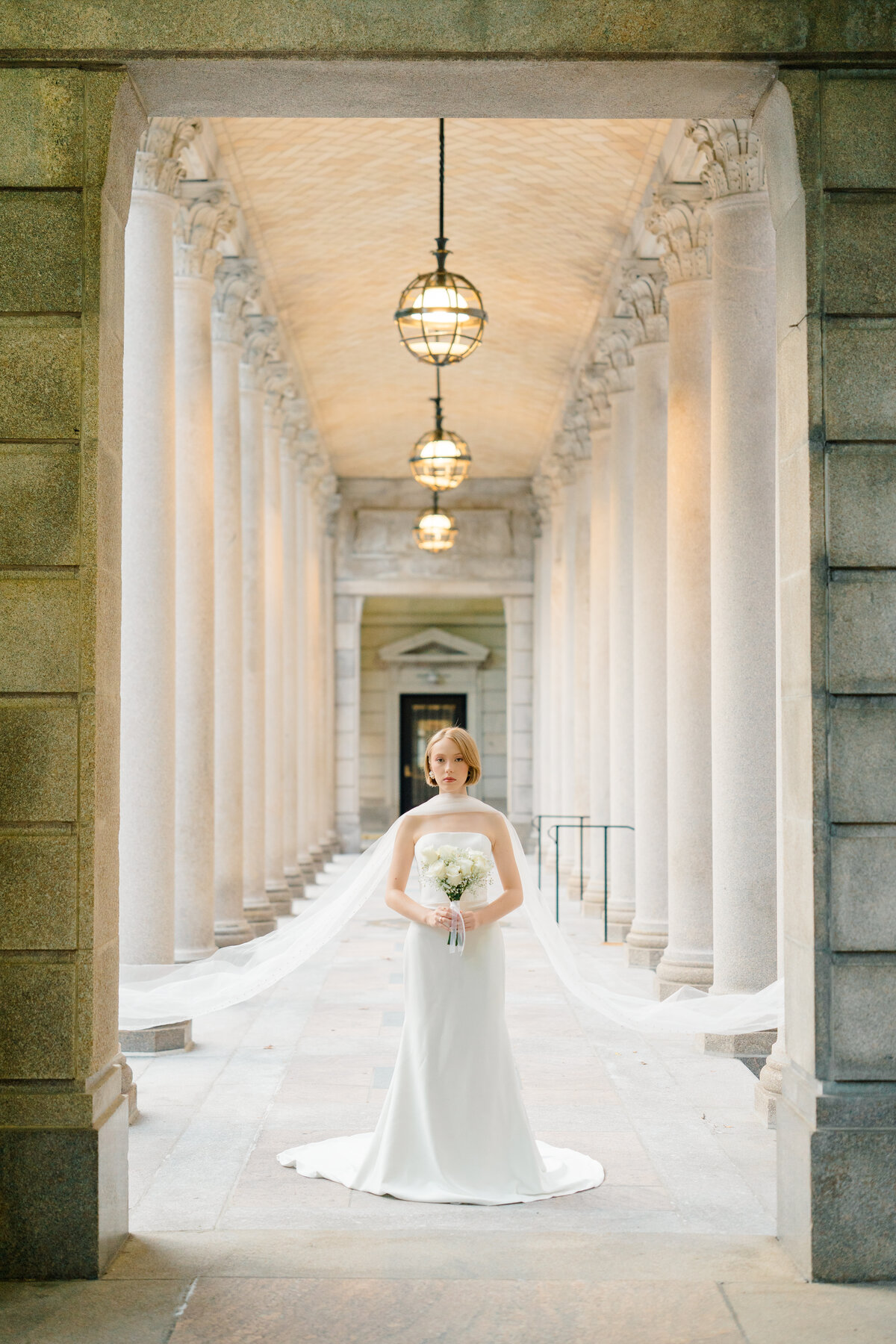 classic cathedral length bridal scarf with pearl creating an elegant flowing silhouette