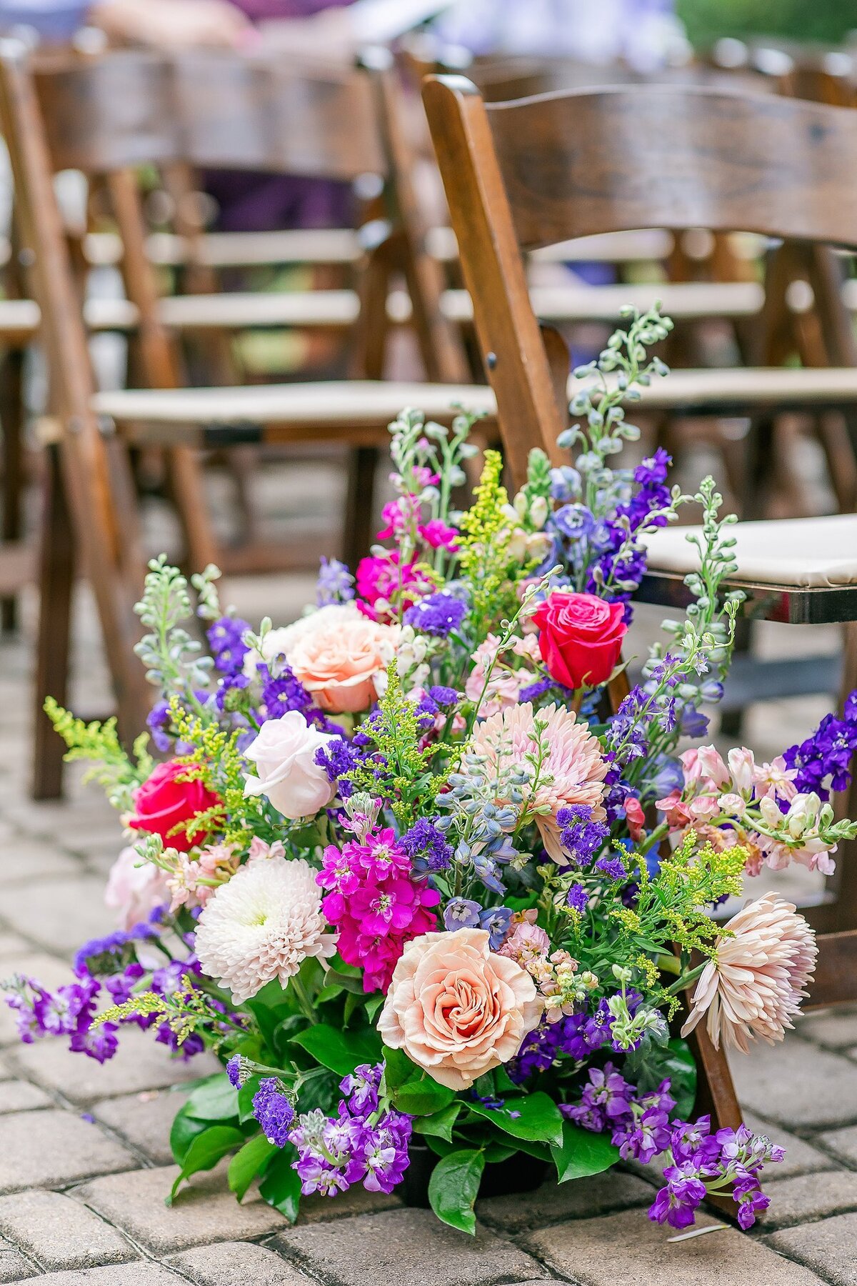 Floor arrangement on end of wedding ceremony aisle  | Elms of Coosada Wedding Photographer 