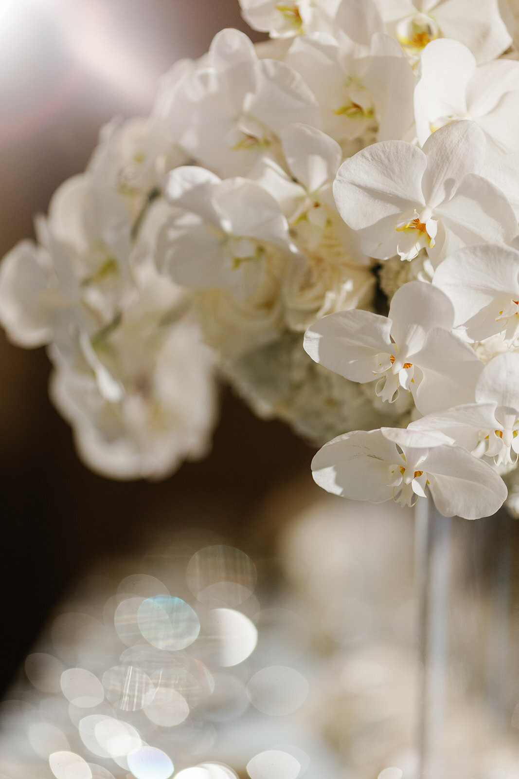 A close-up of the bride's elegant bouquet, featuring white orchids and roses, captured beautifully at Ocean Reef, Key Largo.