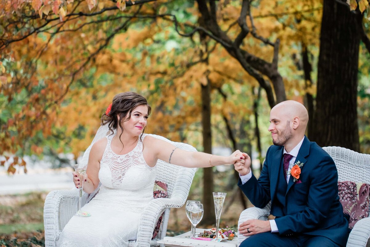 Bride and groom hold hands during toasts in backyard wedding in Harrisburg Pennsylvania