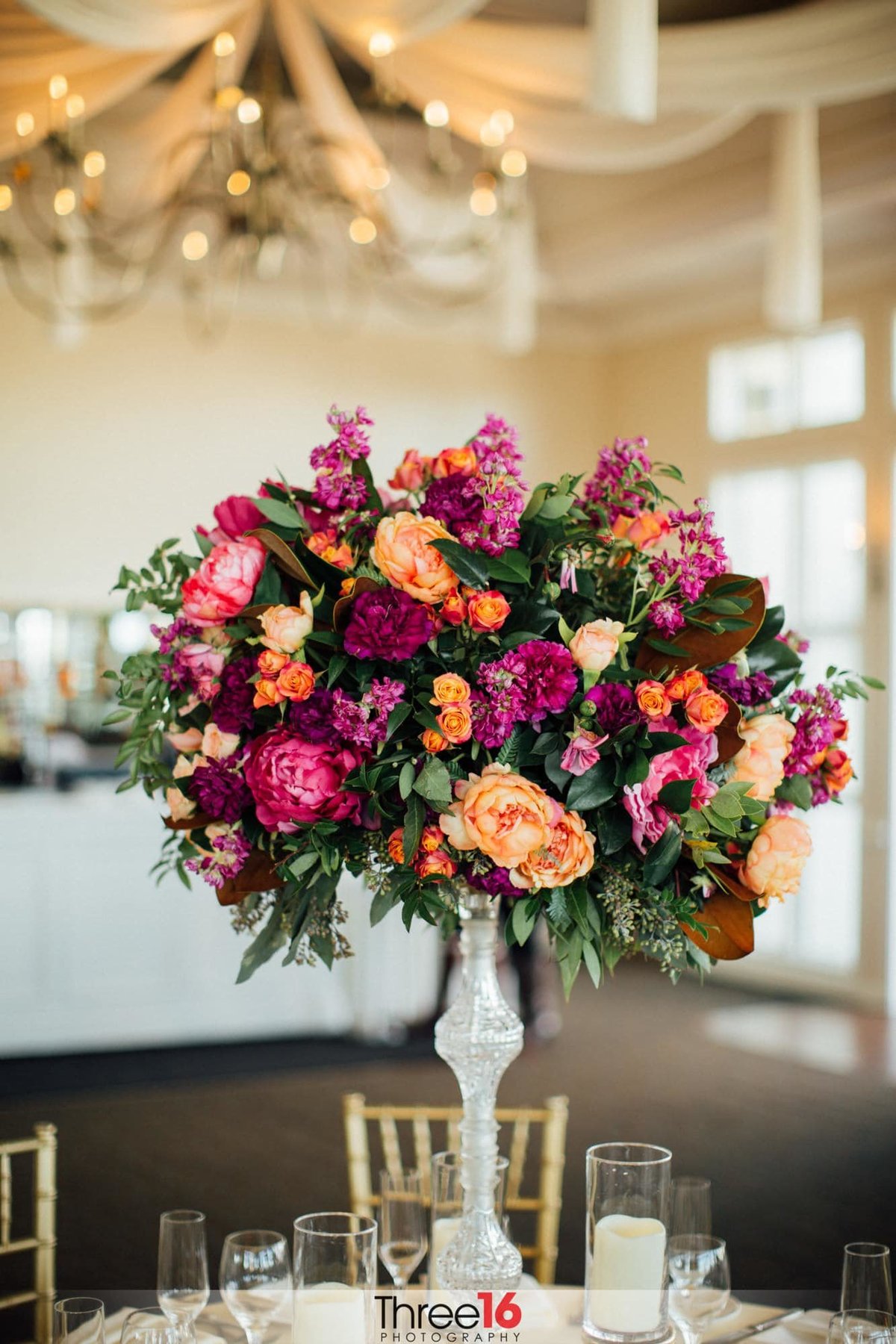 Colorful array of flowers as a wedding reception table centerpiece