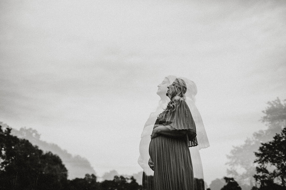 Artistic double exposure maternity portrait of a pregnant woman, created by San Antonio family photographer Sara James.