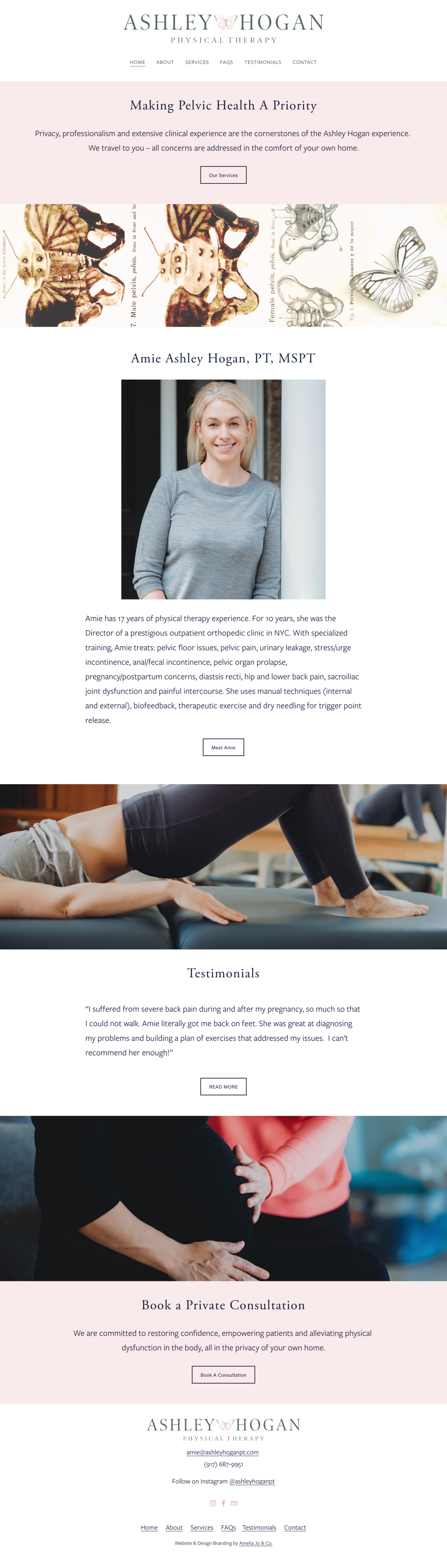 Ashley Hogan Physical Therapy Homepage design featuring log at top, navigation and information below