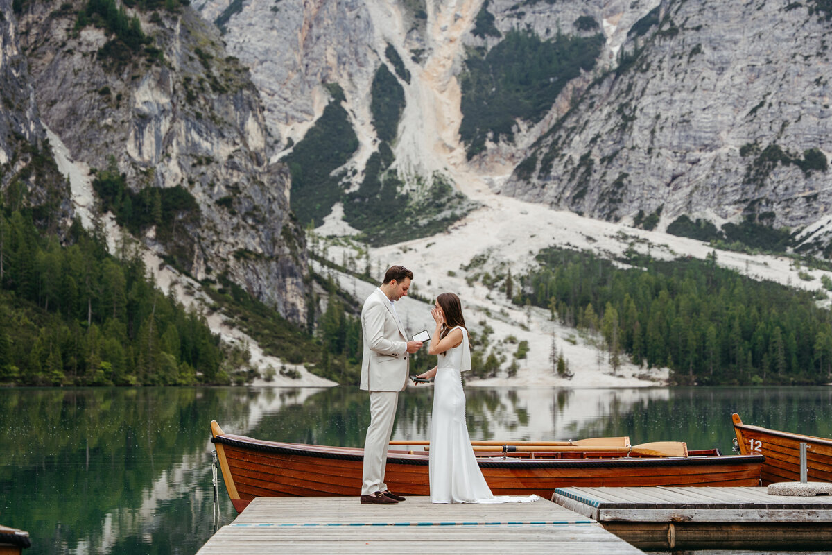 sweet couple romantic dolomites lake Braies elopement