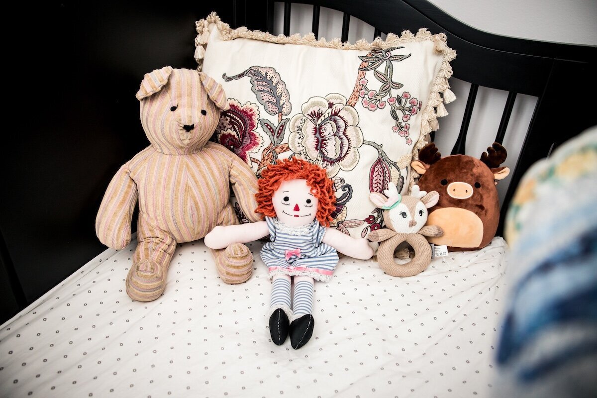 Stuffed animals lined up in a crib 