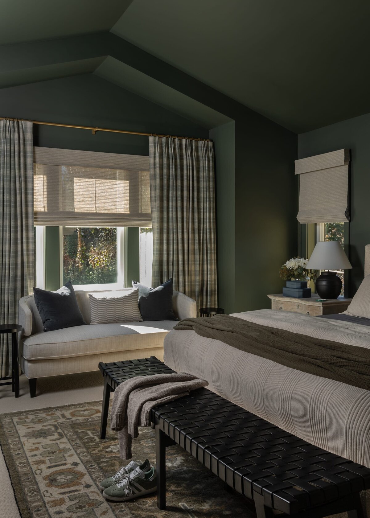 melinda chesson interiors murrayhill road moody green bedroom window seat woven bench neutral bedding