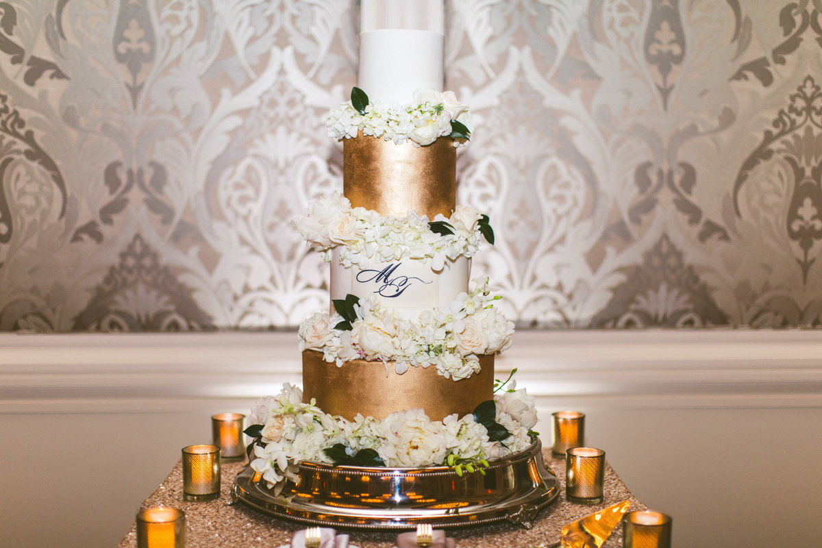 White and Gold Cake with Flowers and Monogram