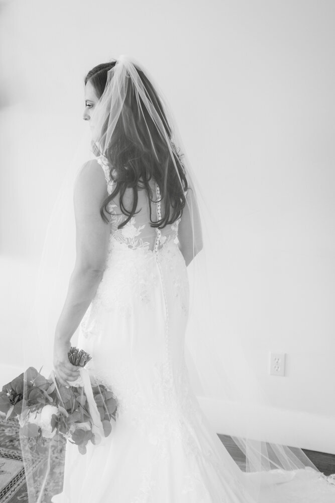 black and white portrait of bride in her veil -candlelight farms inn wedding
