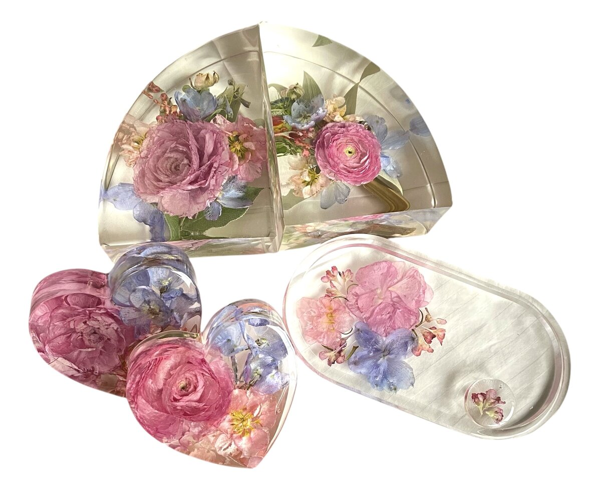 resin bookends hearts and jewelry dish with bright wedding bouquet flowers preserved as a timeless keepsake