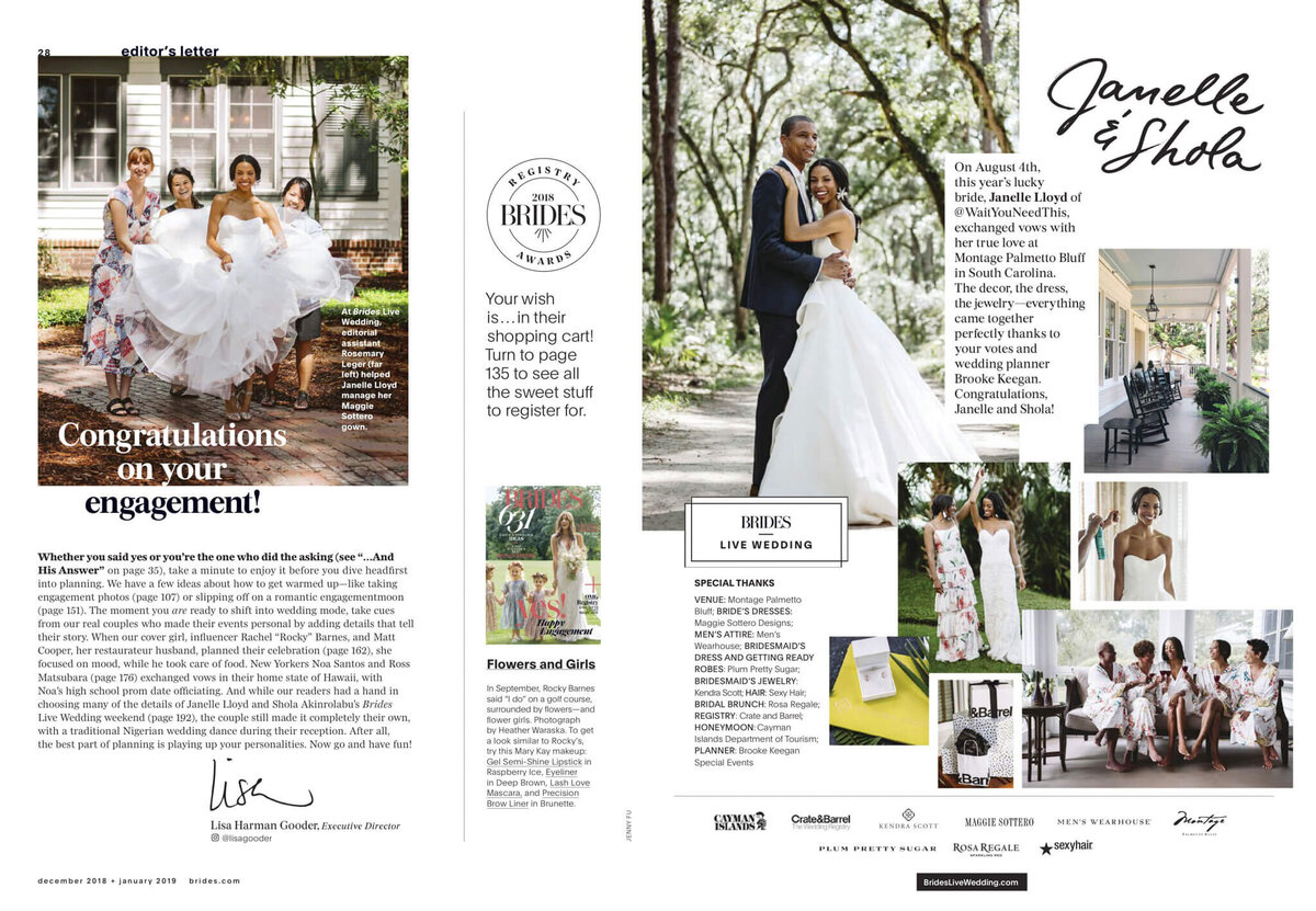 A page in the Brides Magazine with several images of Janelle and Shola's wedding. Image by Jenny Fu Studio