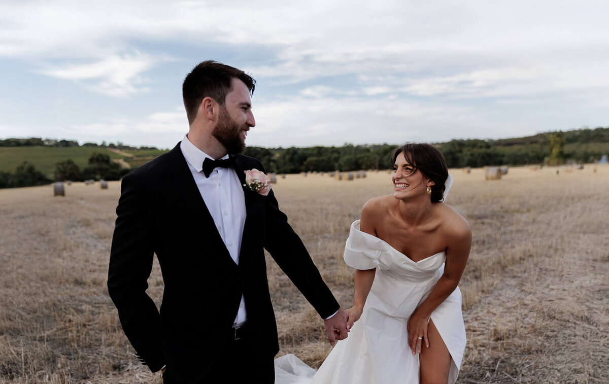 Bride and groom during a sunset photoshoot on their wedding day in McLaren Vale, South Australia