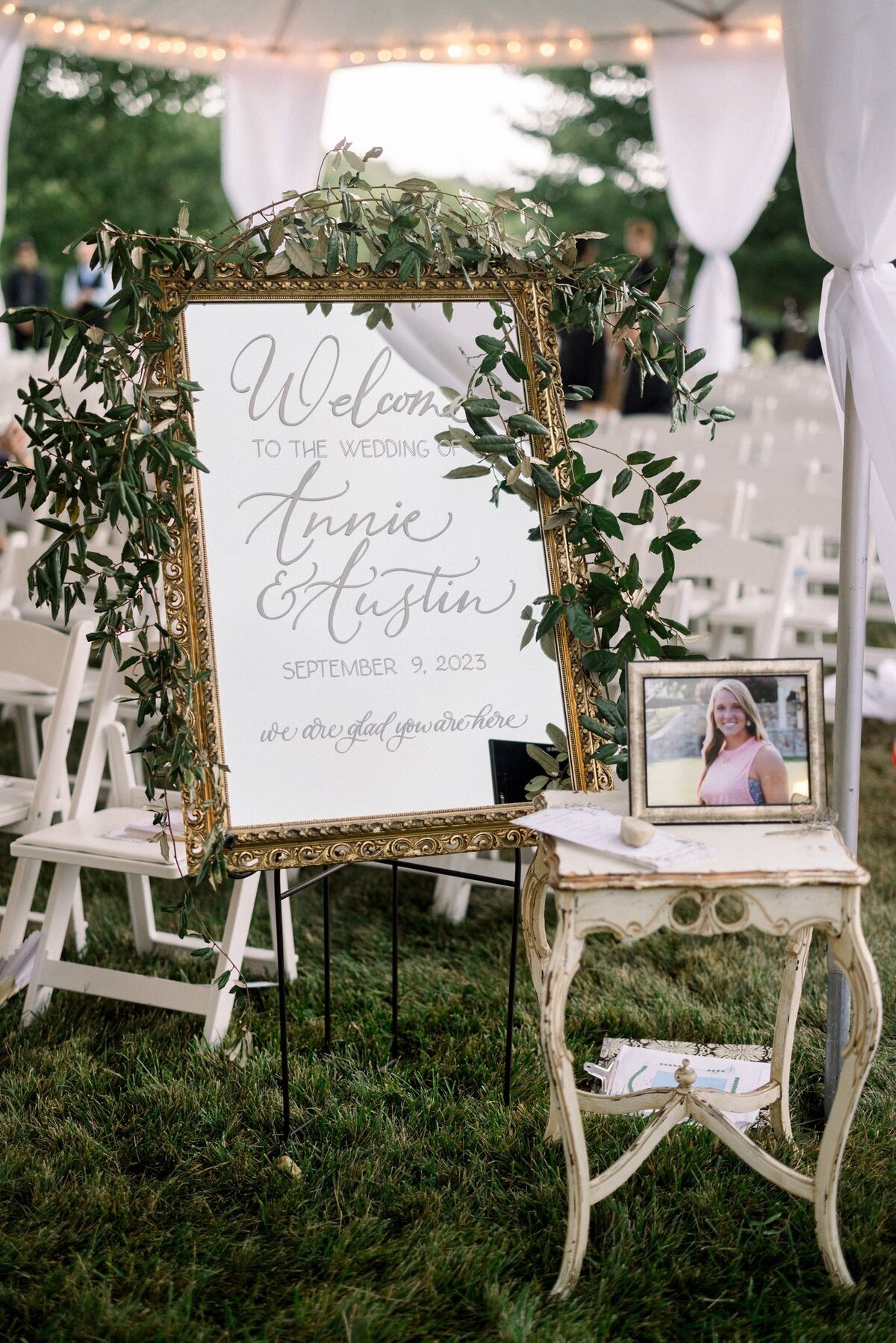 Wedding welcome sign with custom calligraphy in a wedding ceremony site