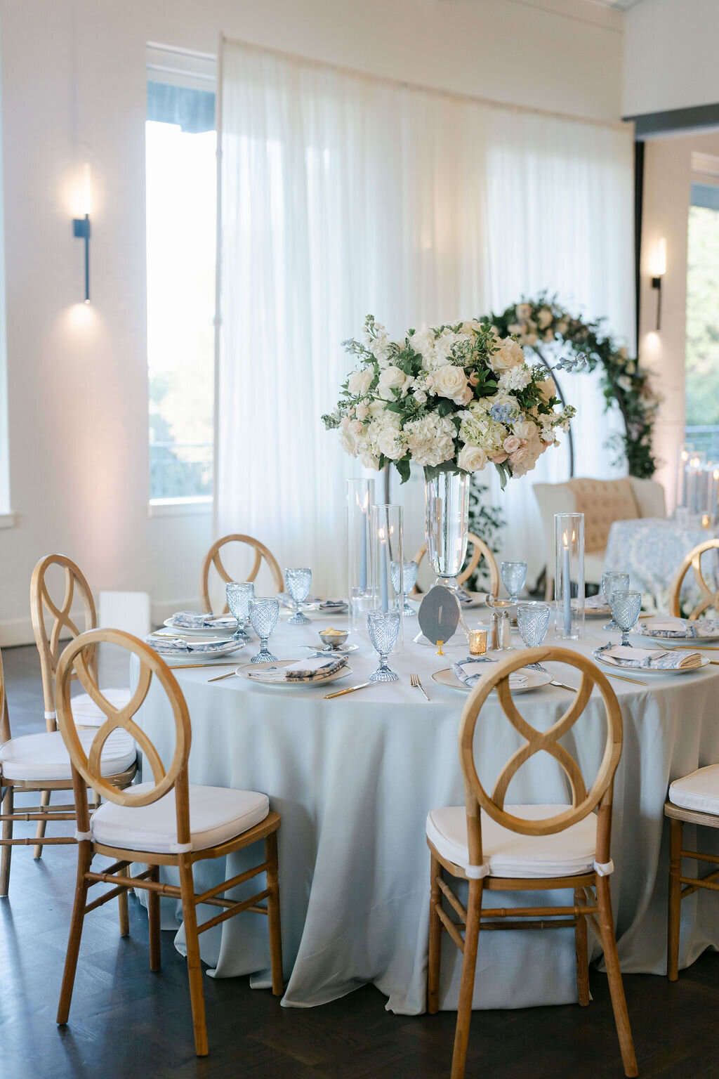 tall arrangements, blush and white flowers, light blue 