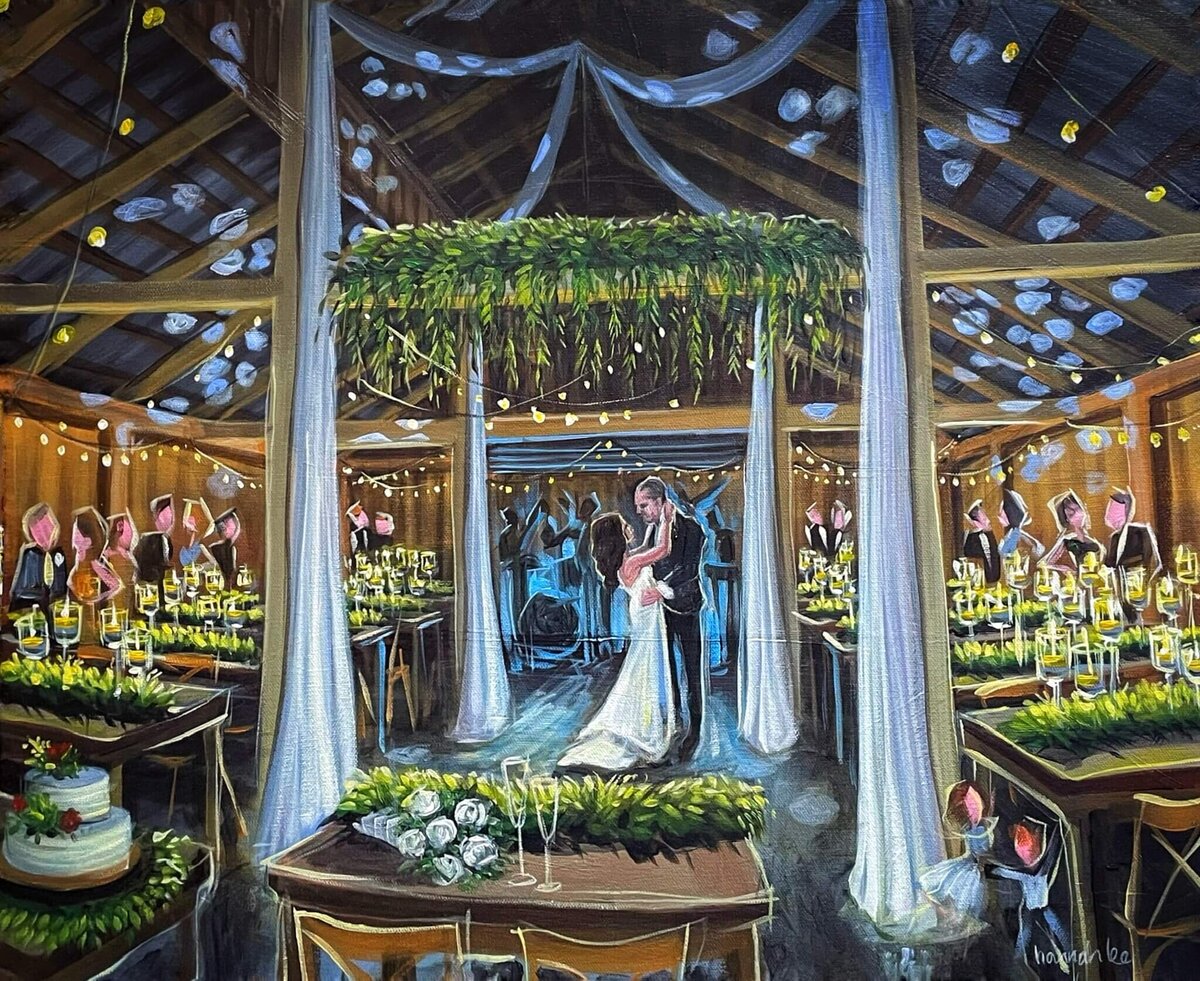 NY Live Wedding Painting of barn wedding reception at Pleasntly Devine Stables - Rock Tavern NY