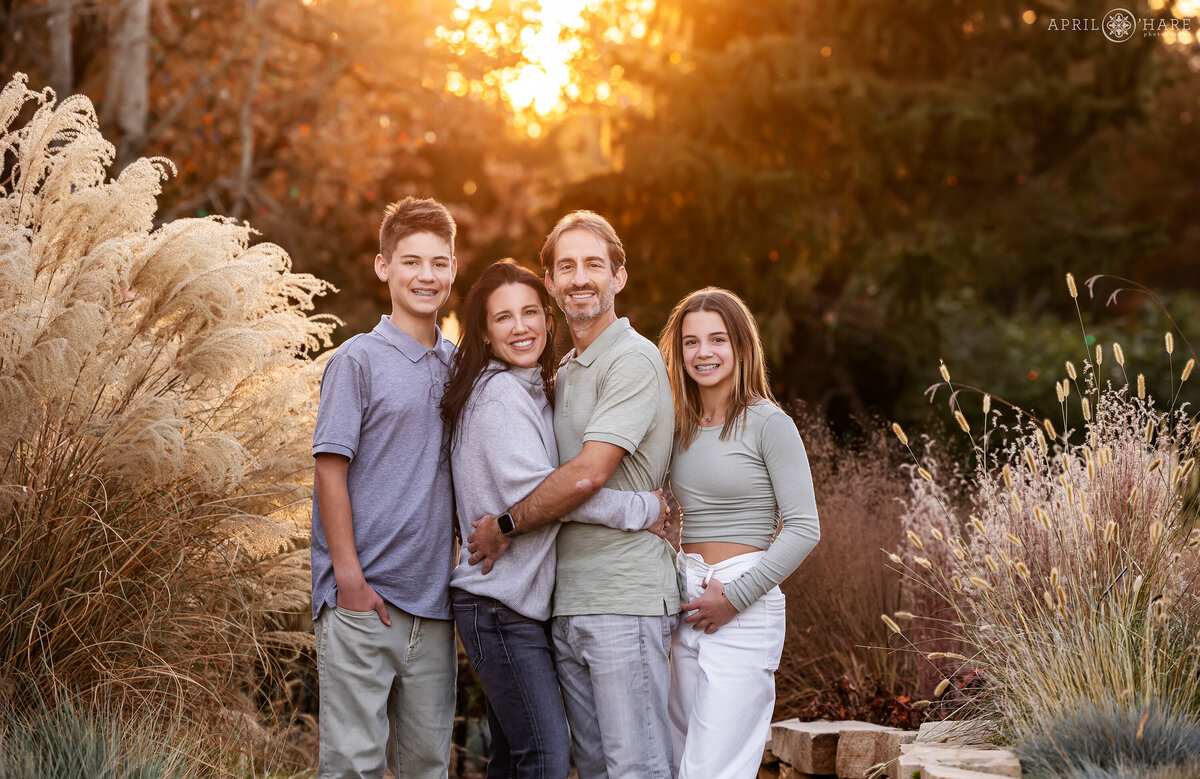 Family Photographed in the Warm Sunset Glow at Denver Botanic Gardens