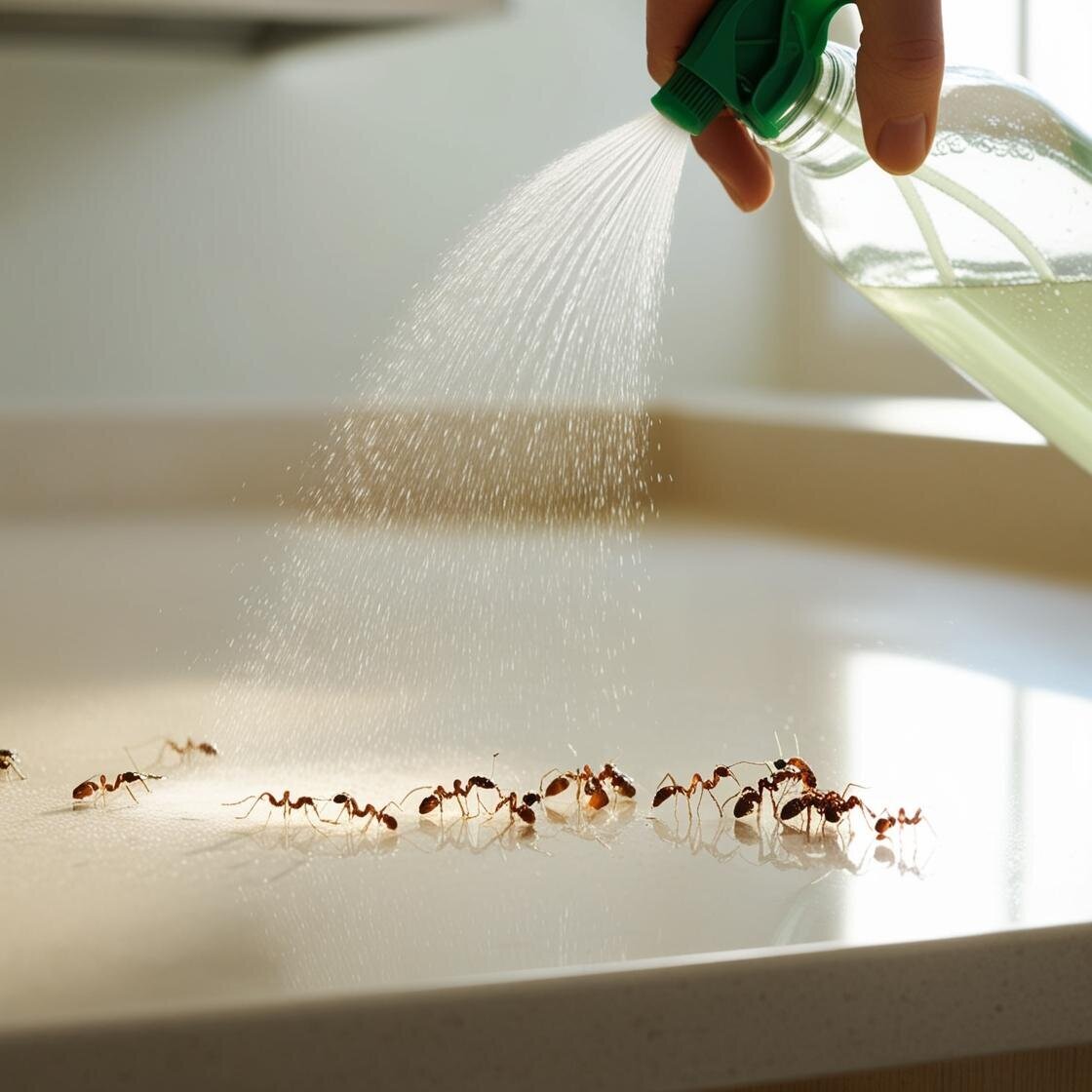 White vinegar bottle and spray bottle with natural cleaning supplies for ant control