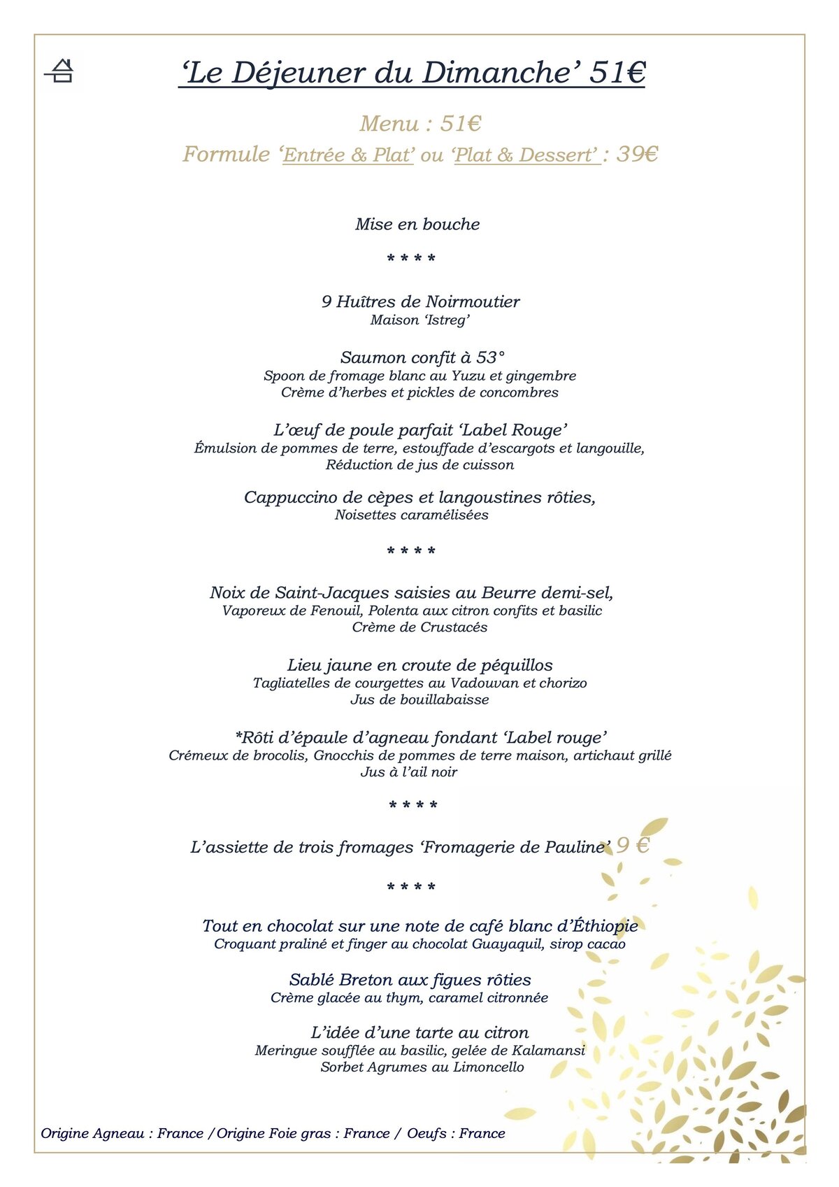 Carte du déjeuner le dimanche au restaurant l'ételle à Noirmoutier