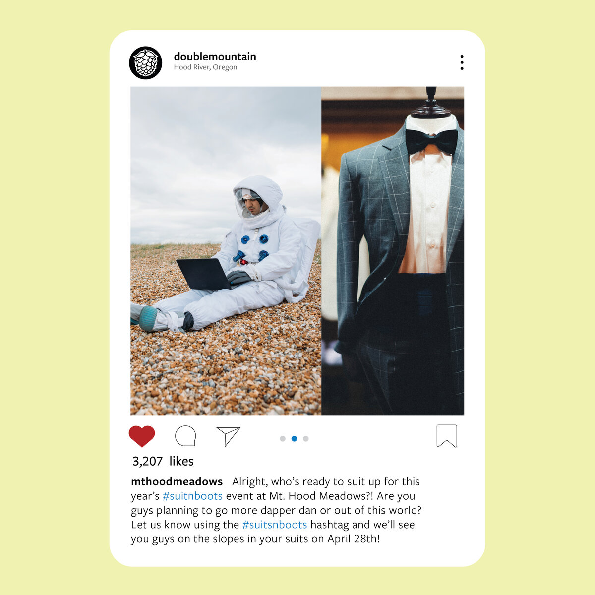 Mockup instagram post that show some would be partner posts from the suits 'n boots event. Left: Person in space suit typing on a laptop sitting on a rock beach Right: Suit form with suit and bowtie