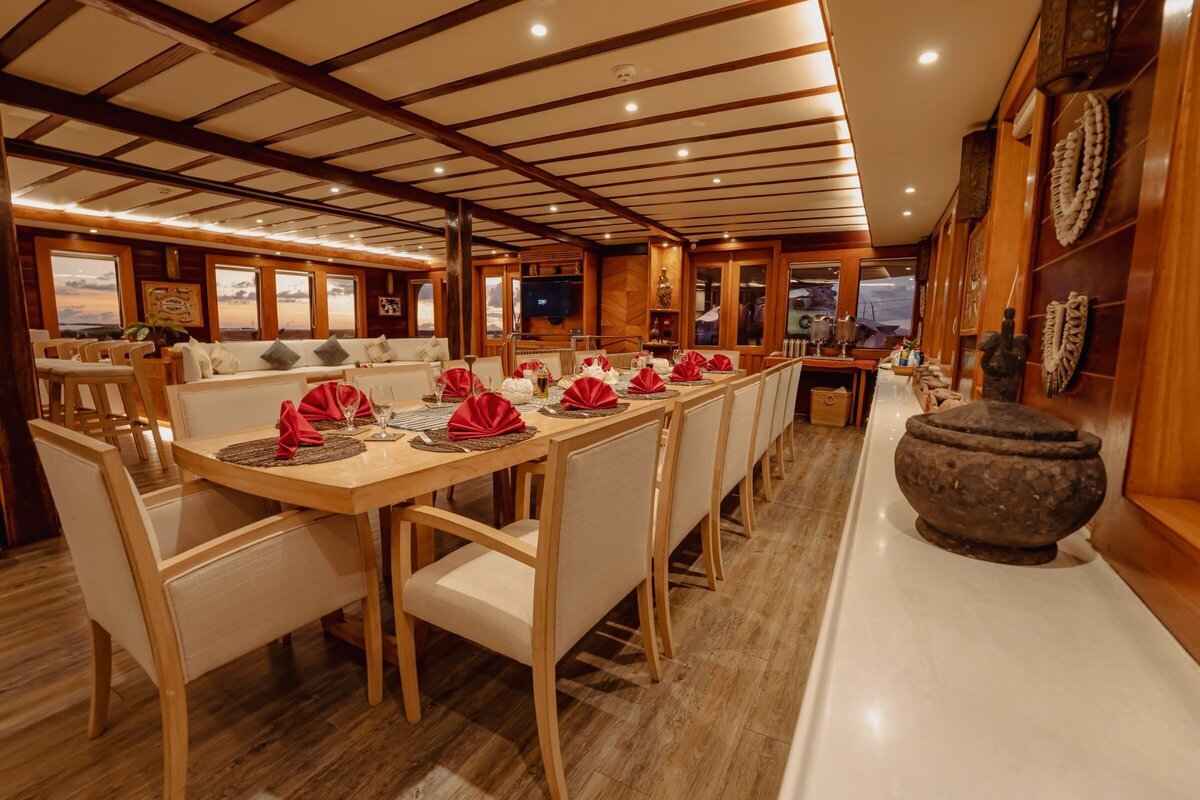 Dining space for all the family onboard Lamima in Indonesia.