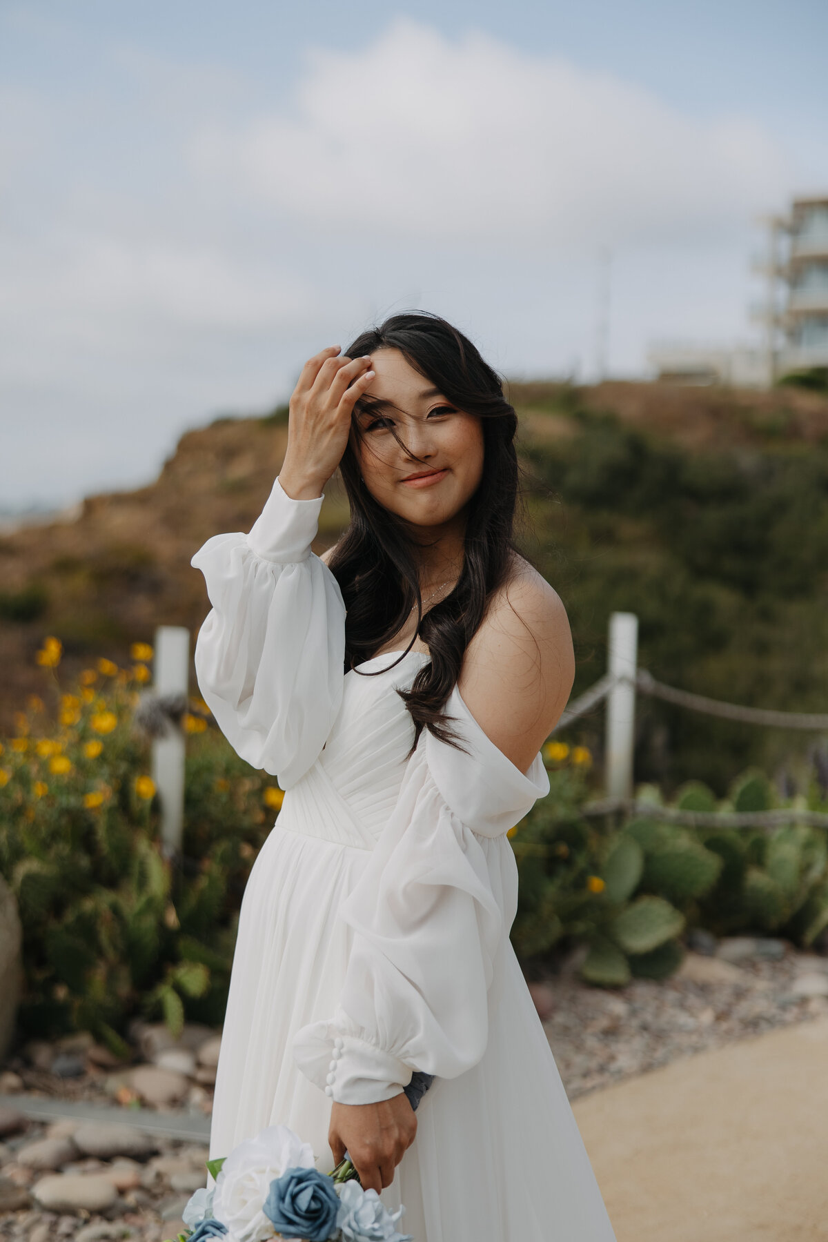 bridals, la jolla wedding, bride moving hair from face