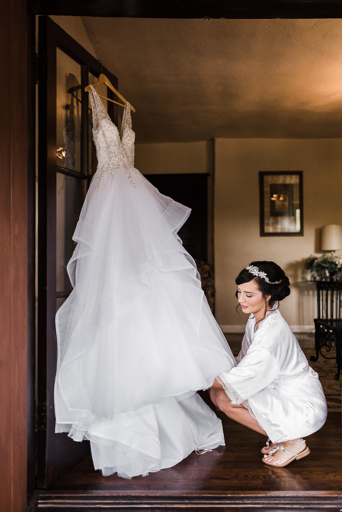 Bride with her dress Mount Woodson Castle Wedding